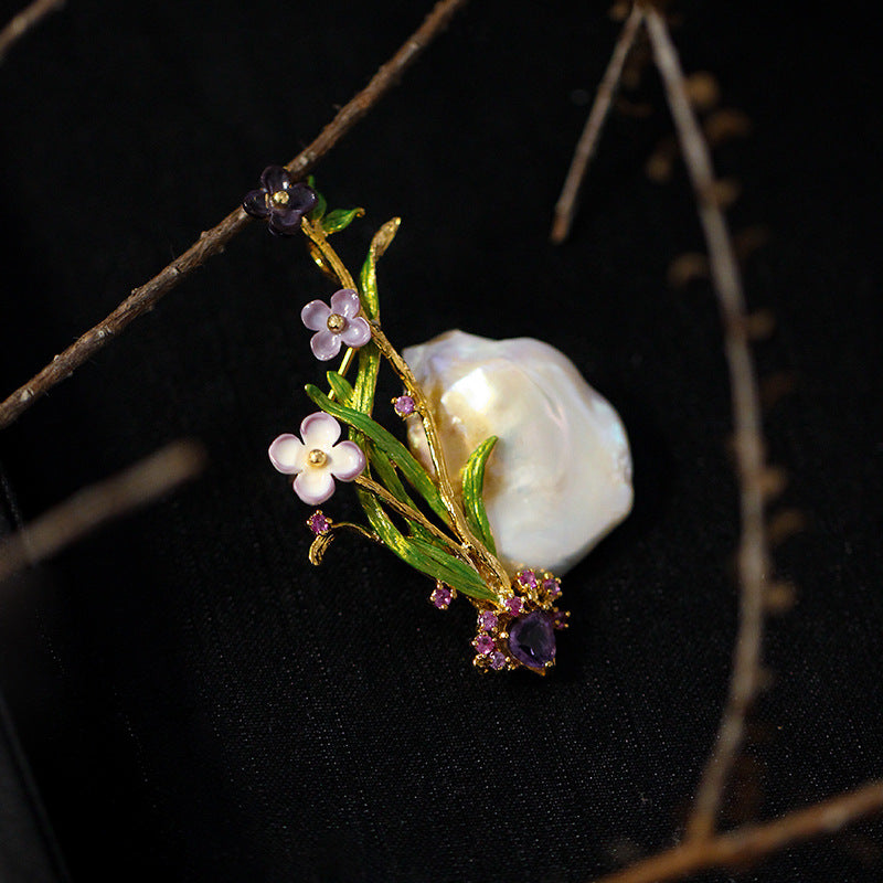 Orchid Vintage Temperament Amethyst Zirconia Pearl Brooch