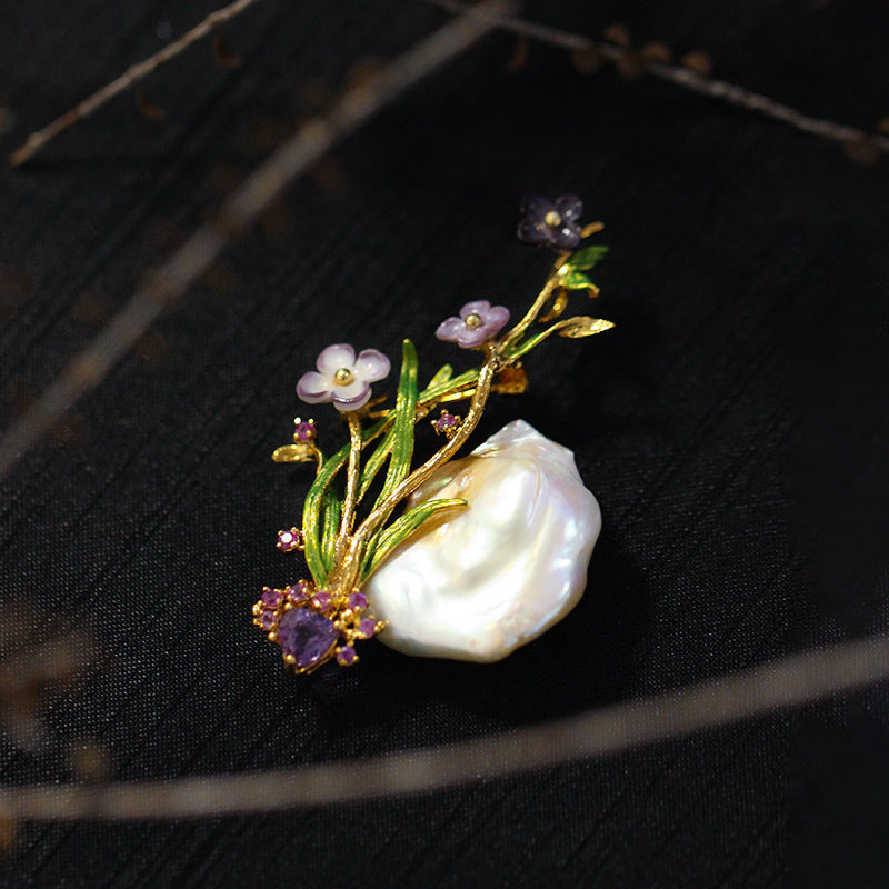 Orchid Vintage Temperament Amethyst Zirconia Pearl Brooch