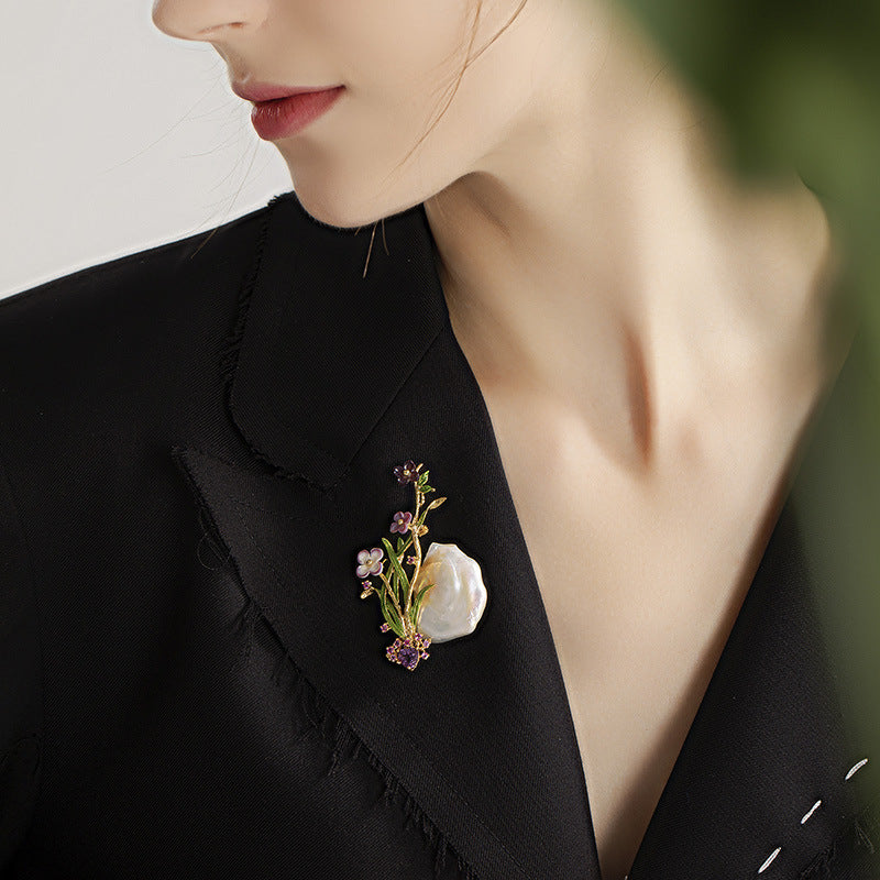 Orchid Vintage Temperament Amethyst Zirconia Pearl Brooch
