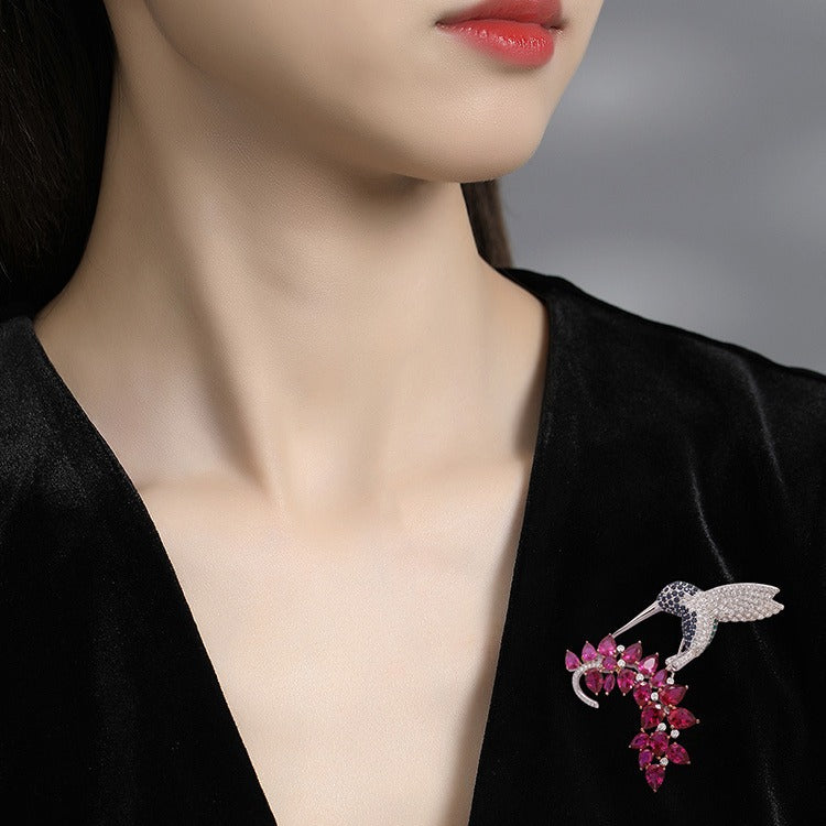 Animal High Bead Hummingbird Ruby and Diamond Brooch