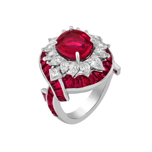 Pigeon's blood red crypto-set high-carbon diamond ring