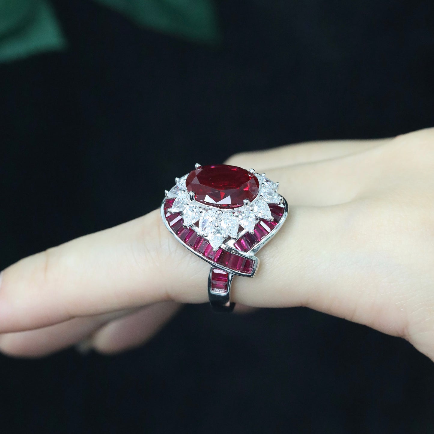 Pigeon's blood red crypto-set high-carbon diamond ring