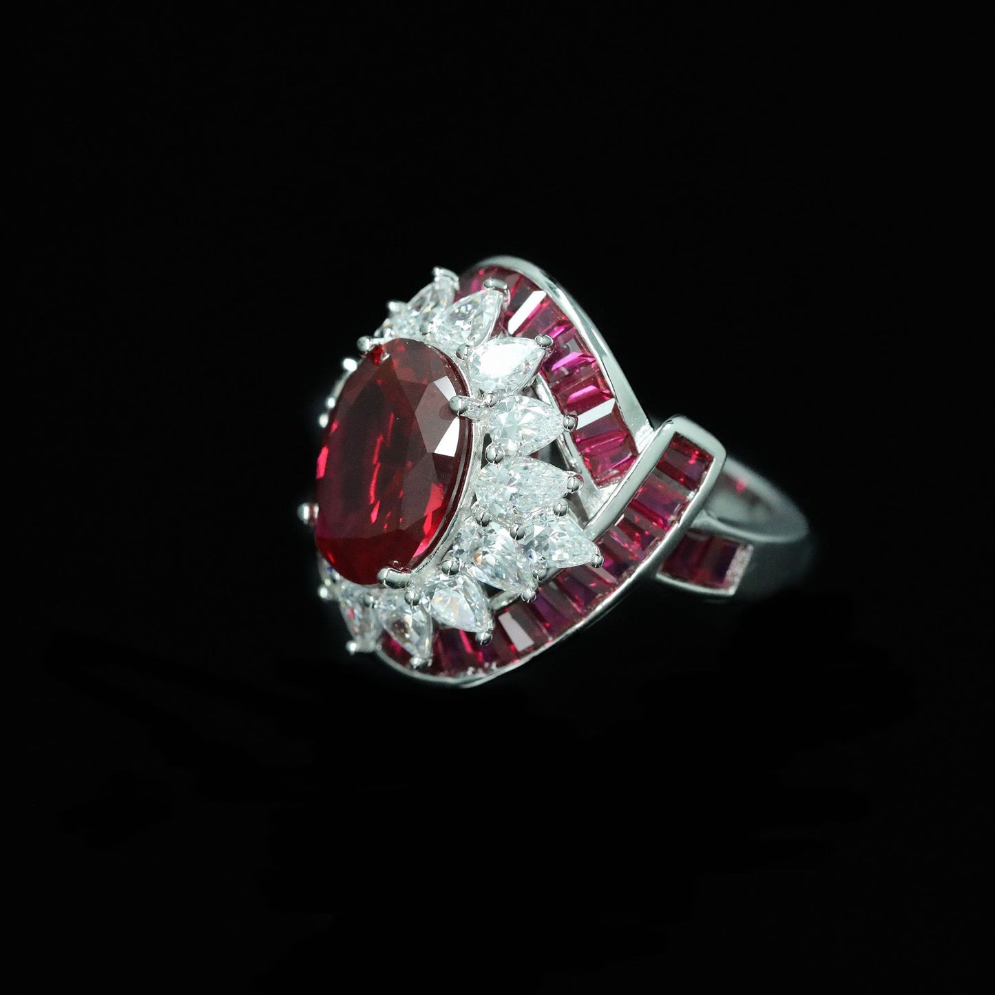 Pigeon's blood red crypto-set high-carbon diamond ring