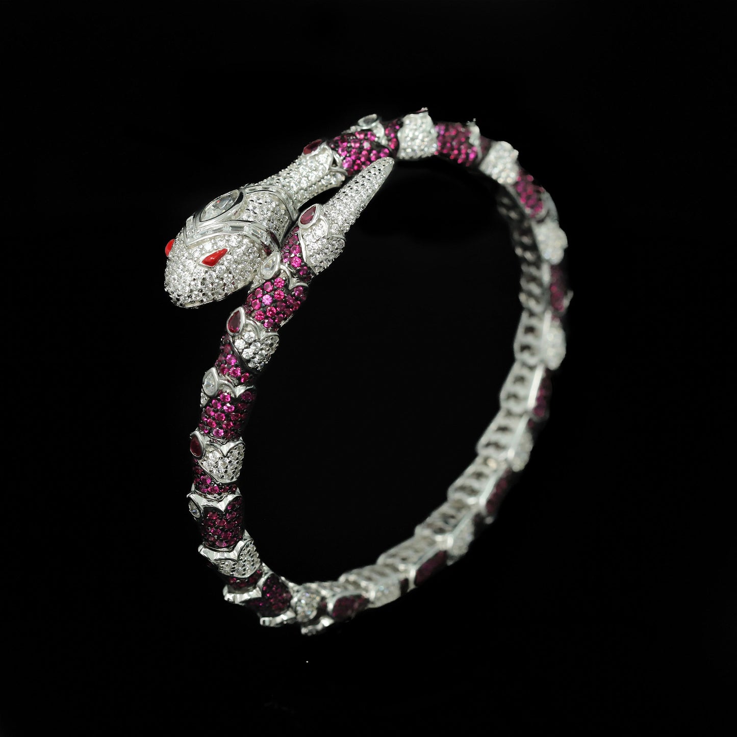 High Carbon Diamond Spirit Snake Pink Sapphire White Eye Silver Plated Bracelet