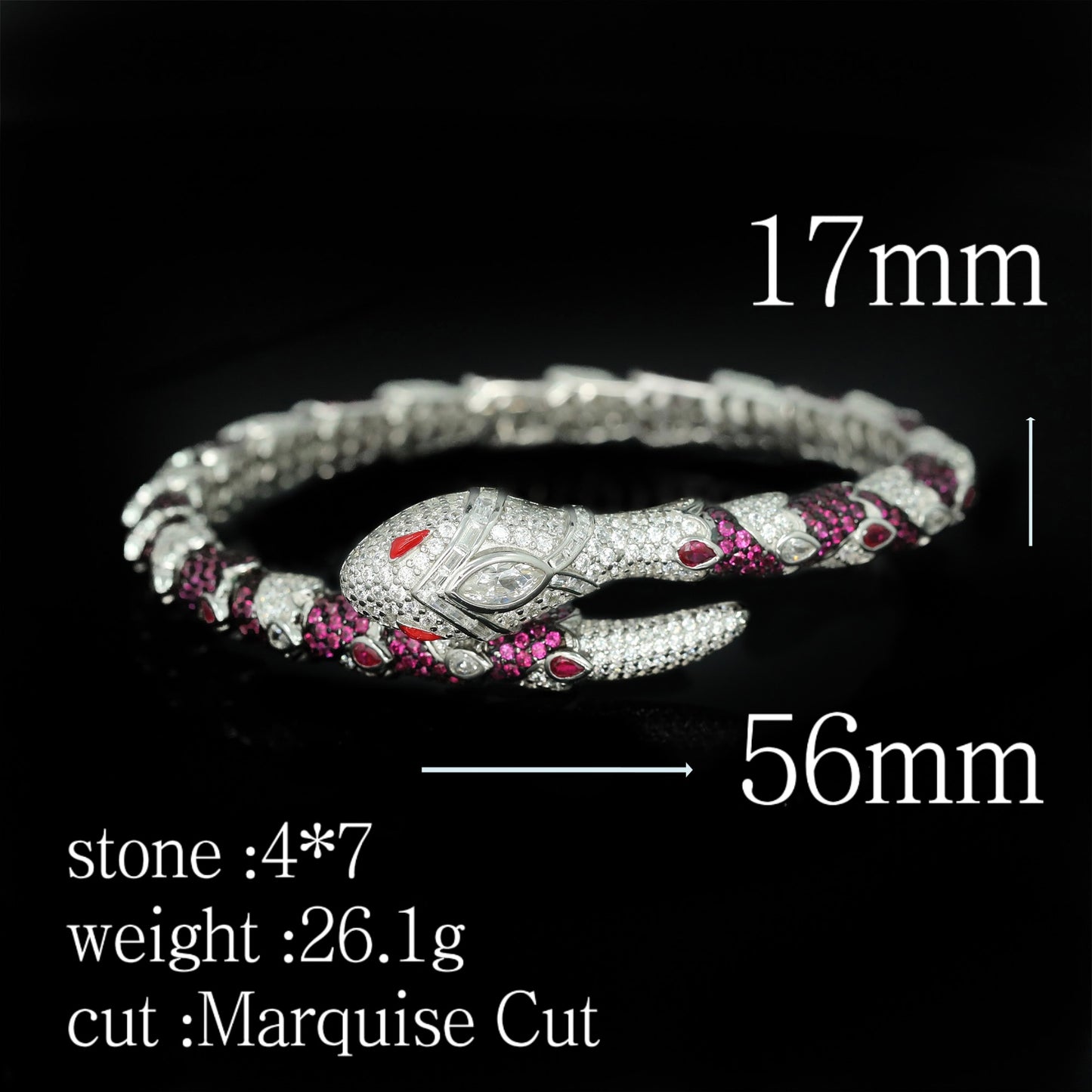 High Carbon Diamond Spirit Snake Pink Sapphire White Eye Silver Plated Bracelet