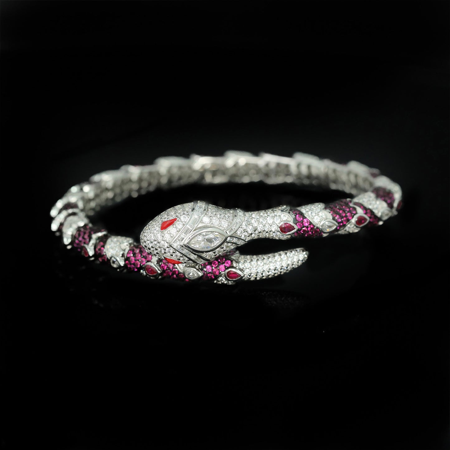High Carbon Diamond Spirit Snake Pink Sapphire White Eye Silver Plated Bracelet
