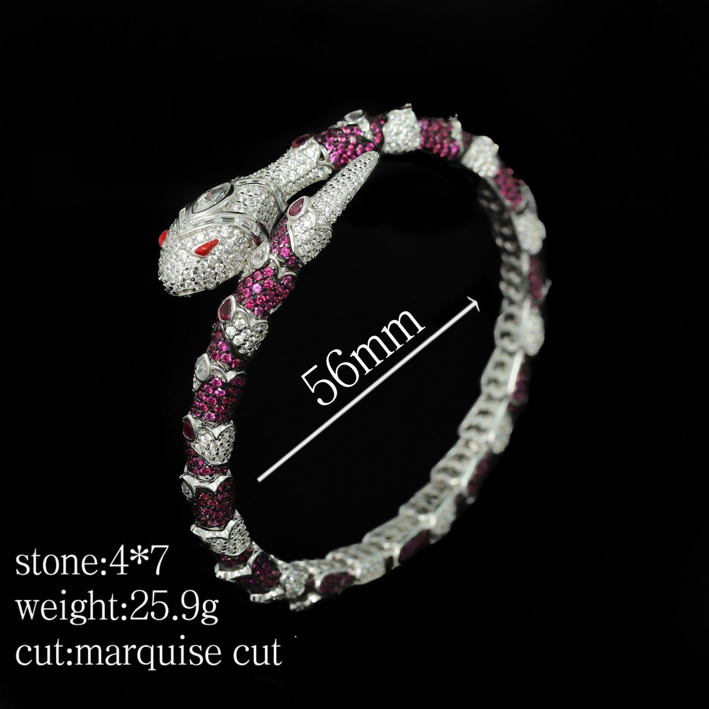 High Carbon Diamond Spirit Snake Pink Sapphire White Eye Silver Plated Bracelet