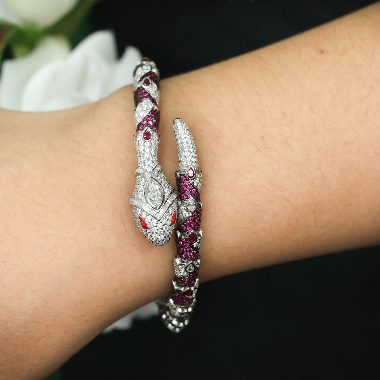 High Carbon Diamond Spirit Snake Pink Sapphire White Eye Silver Plated Bracelet