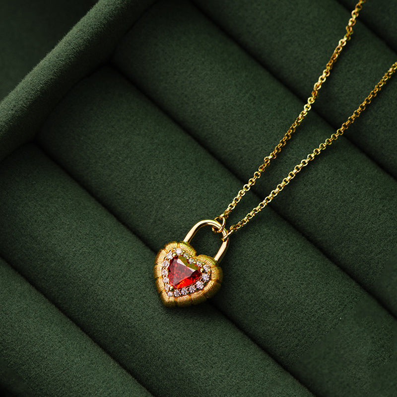 Vintage Lock Heart Silver Plated Red Papara Necklace