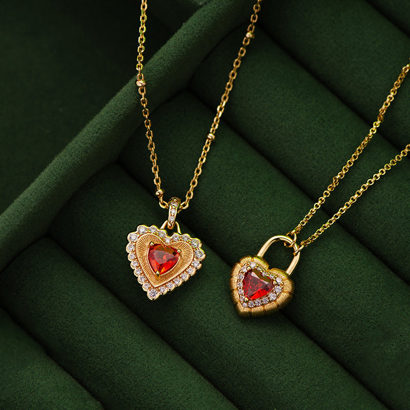 Vintage Lock Heart Silver Plated Red Papara Necklace