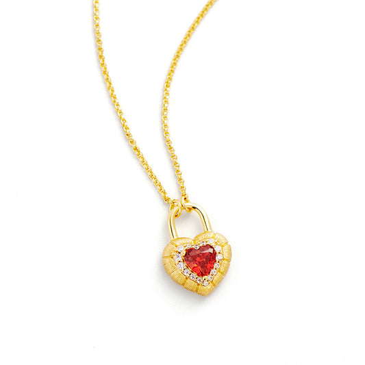 Vintage Lock Heart Silver Plated Red Papara Necklace