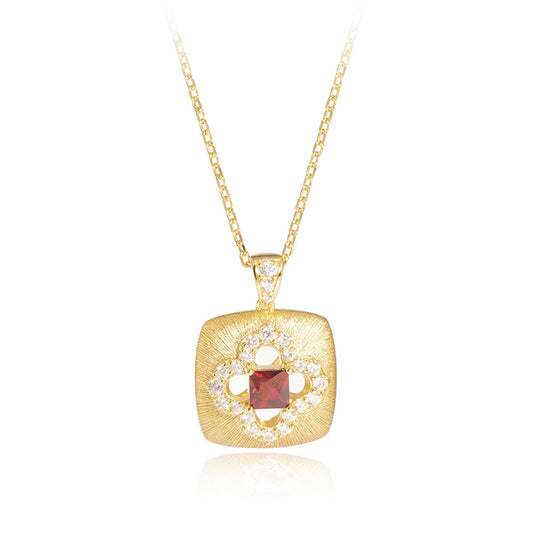 Four Leaf Clover Red Corundum Pendant Vintage Brushed Necklace