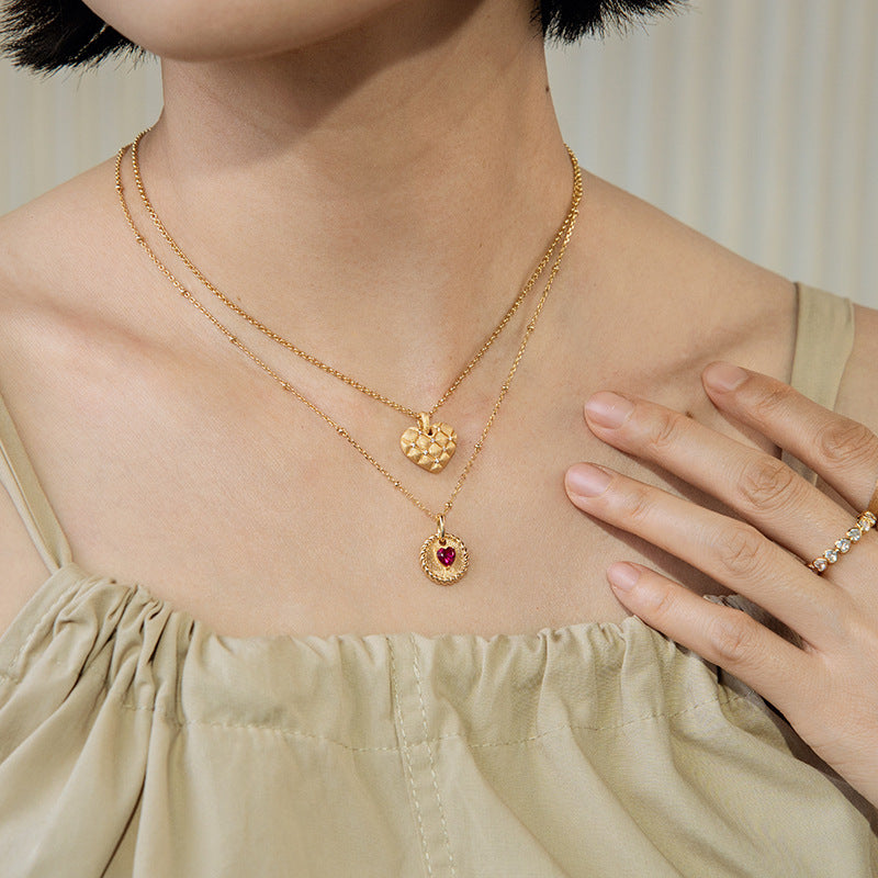 Brushed Heart Twist Ruby Collarbone Necklace