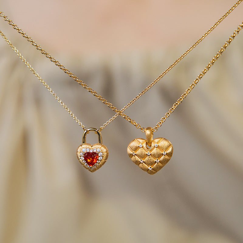 Brushed Heart Twist Ruby Collarbone Necklace