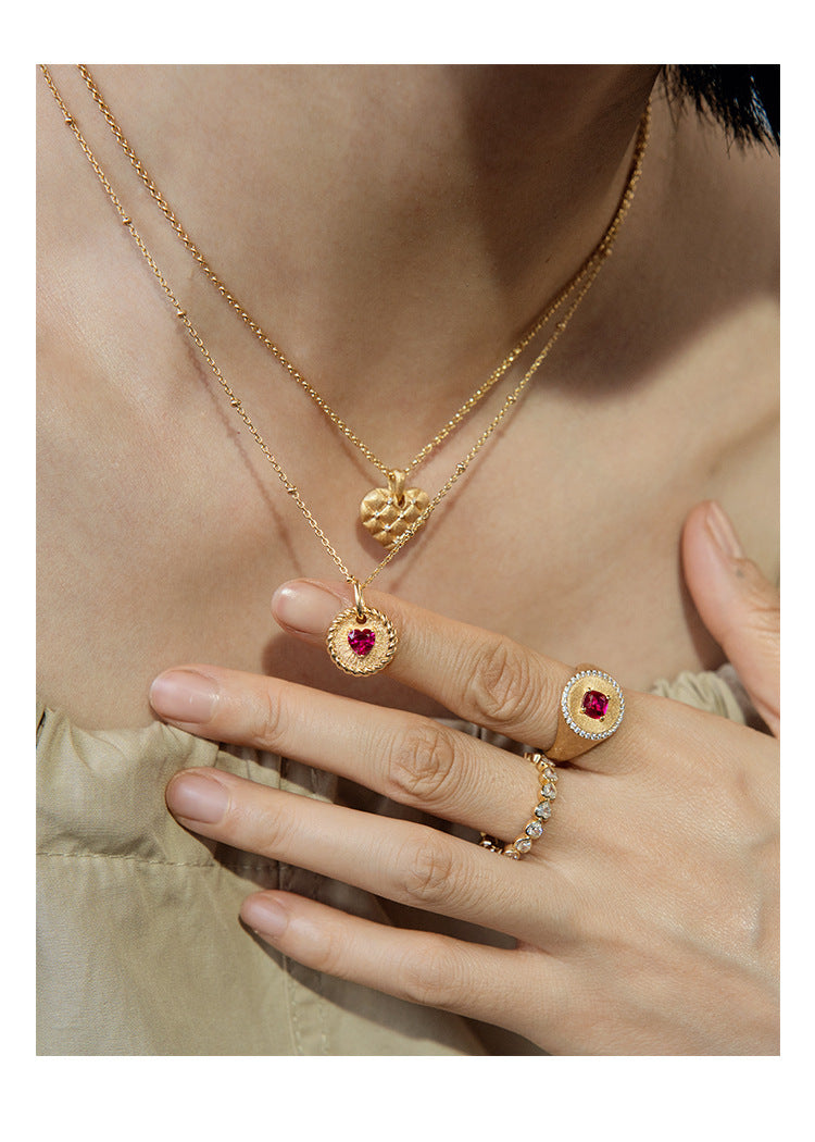 Brushed Heart Twist Ruby Collarbone Necklace