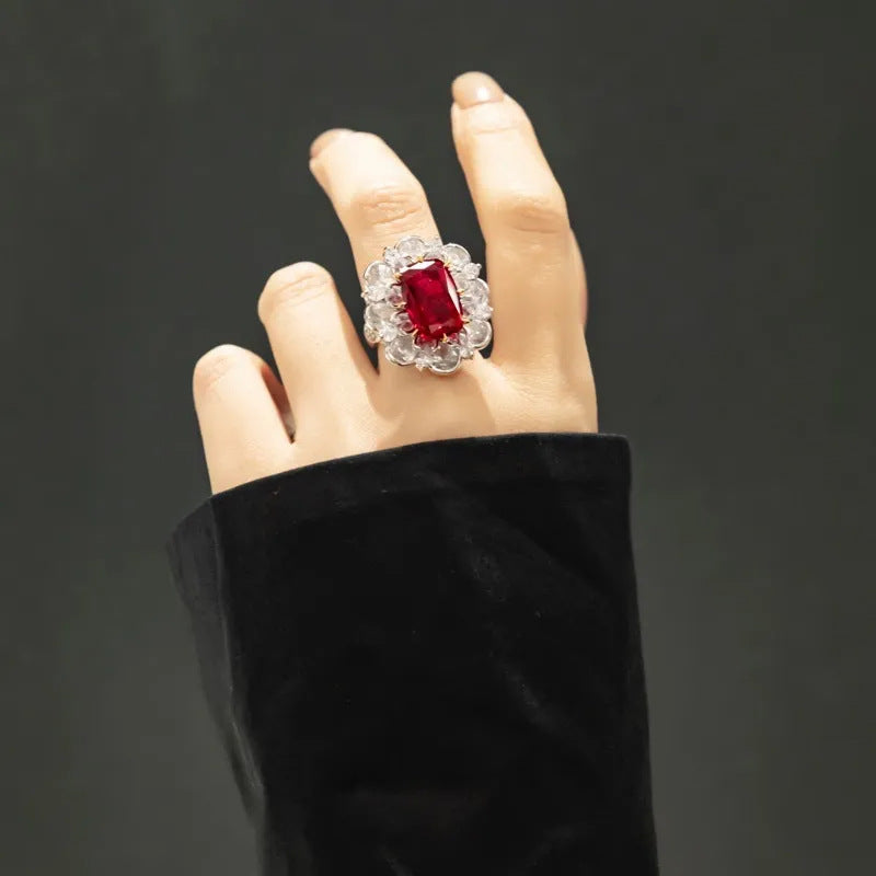 Pigeon Blood Red Rose Cut Ruby Flower Ring