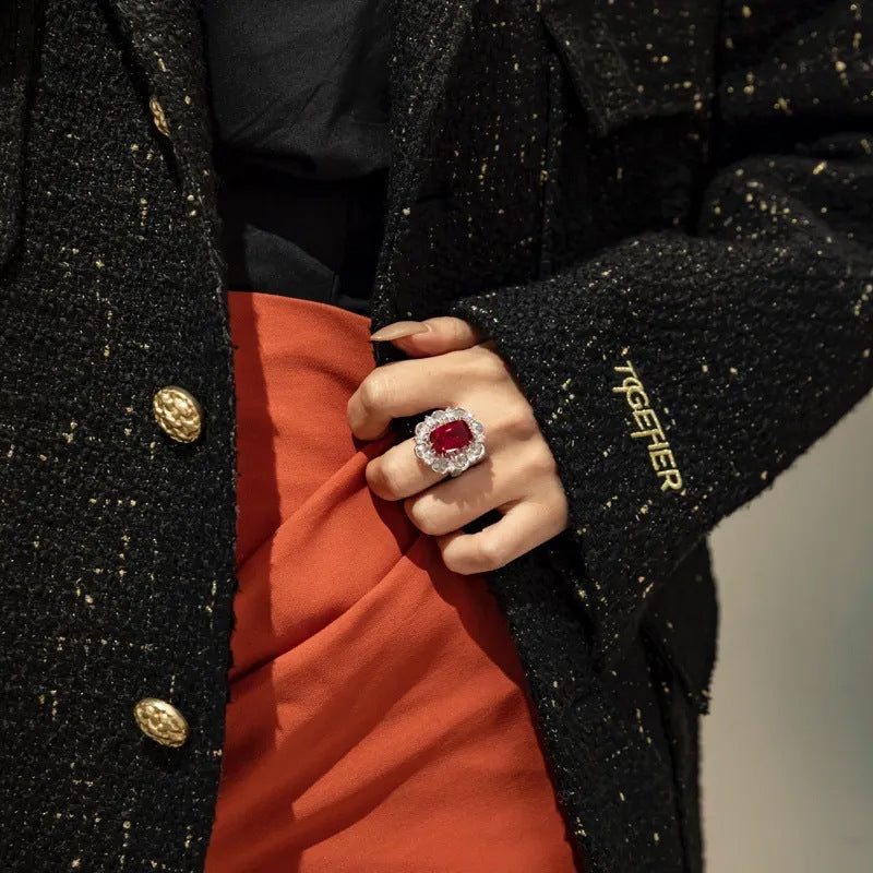 Pigeon Blood Red Rose Cut Ruby Flower Ring