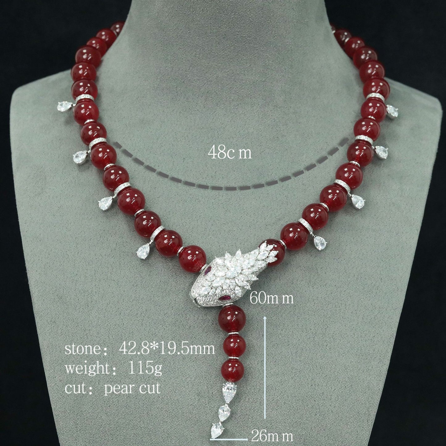 High Carbon Diamond Spirit Snake Pigeon Blood Red Natural Chalcedony Necklace