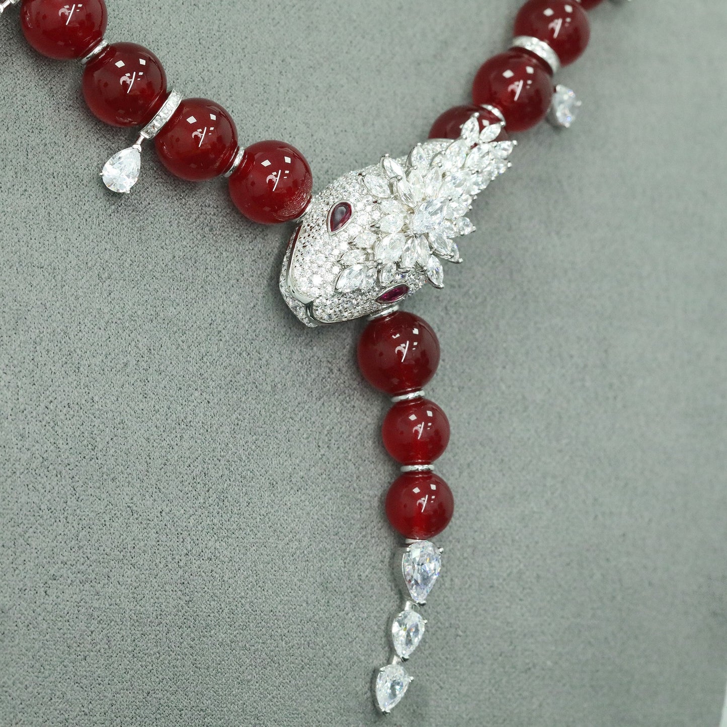 High Carbon Diamond Spirit Snake Pigeon Blood Red Natural Chalcedony Necklace