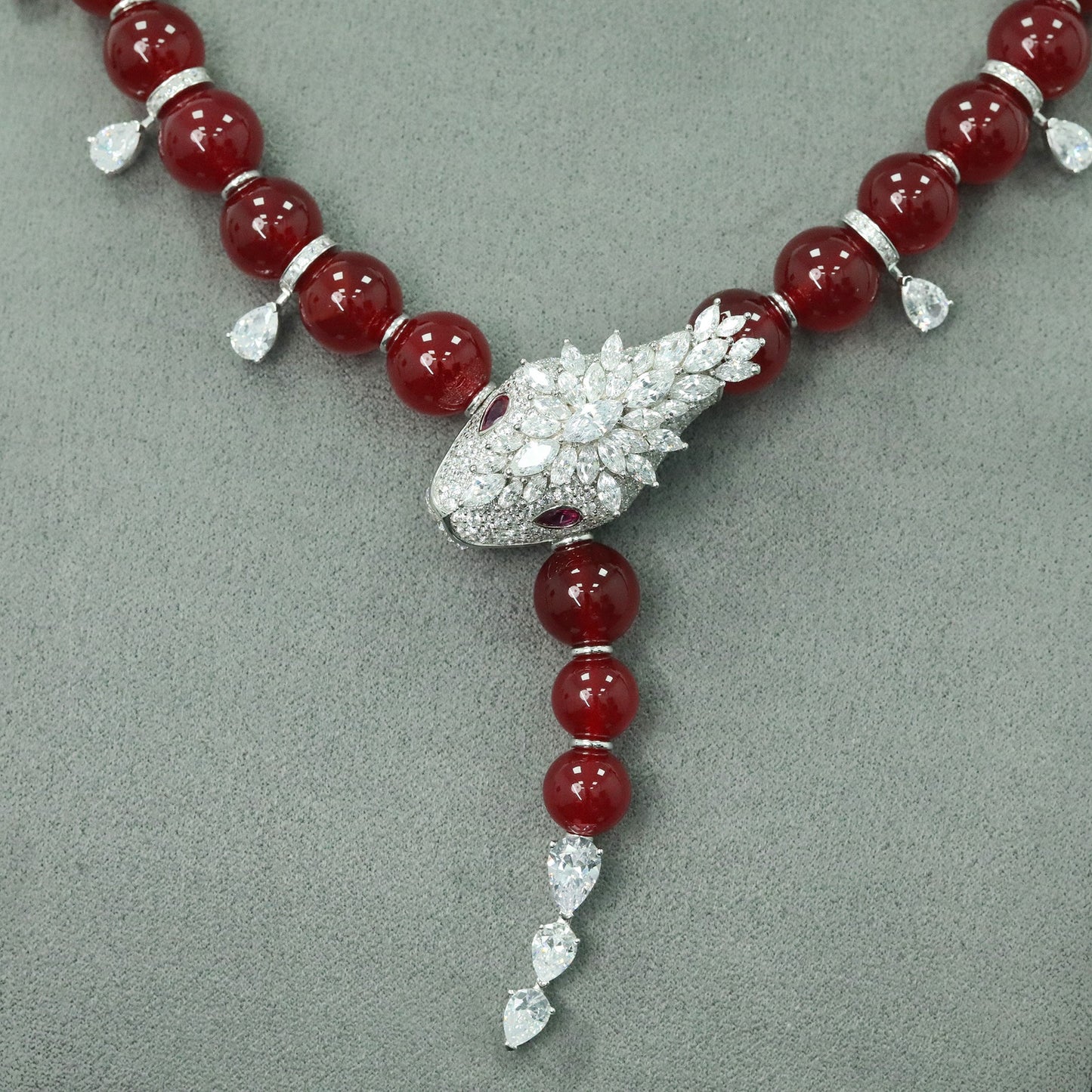 High Carbon Diamond Spirit Snake Pigeon Blood Red Natural Chalcedony Necklace