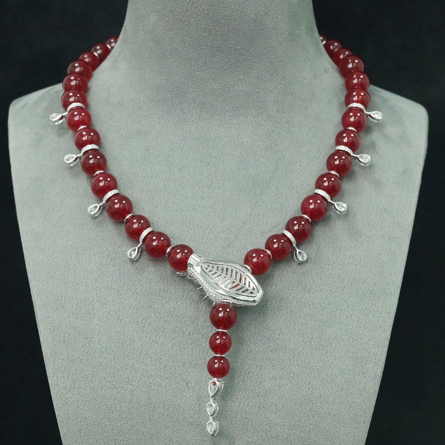 High Carbon Diamond Spirit Snake Pigeon Blood Red Natural Chalcedony Necklace