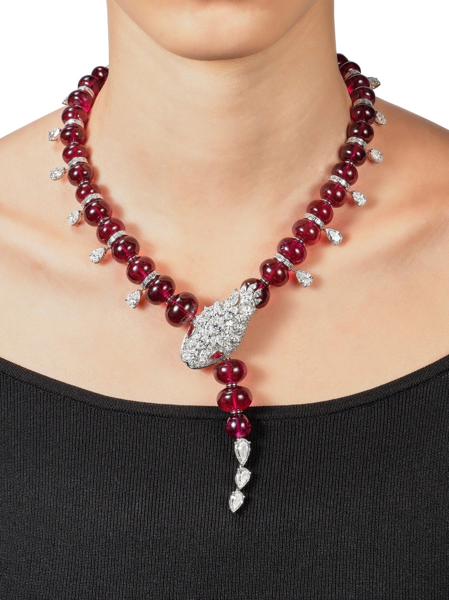 High Carbon Diamond Spirit Snake Pigeon Blood Red Natural Chalcedony Necklace