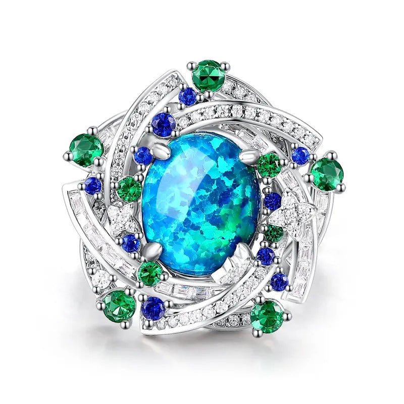 Floral Star Galaxy Opal Ring High Carbon Diamonds