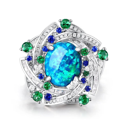 Floral Star Galaxy Opal Ring High Carbon Diamonds