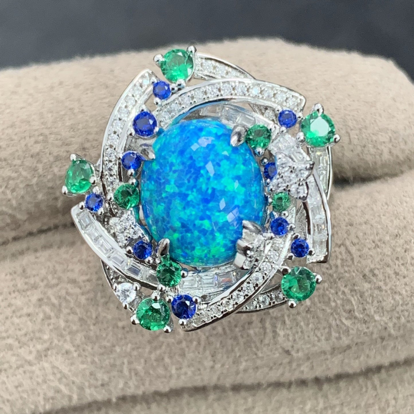 Floral Star Galaxy Opal Ring High Carbon Diamonds