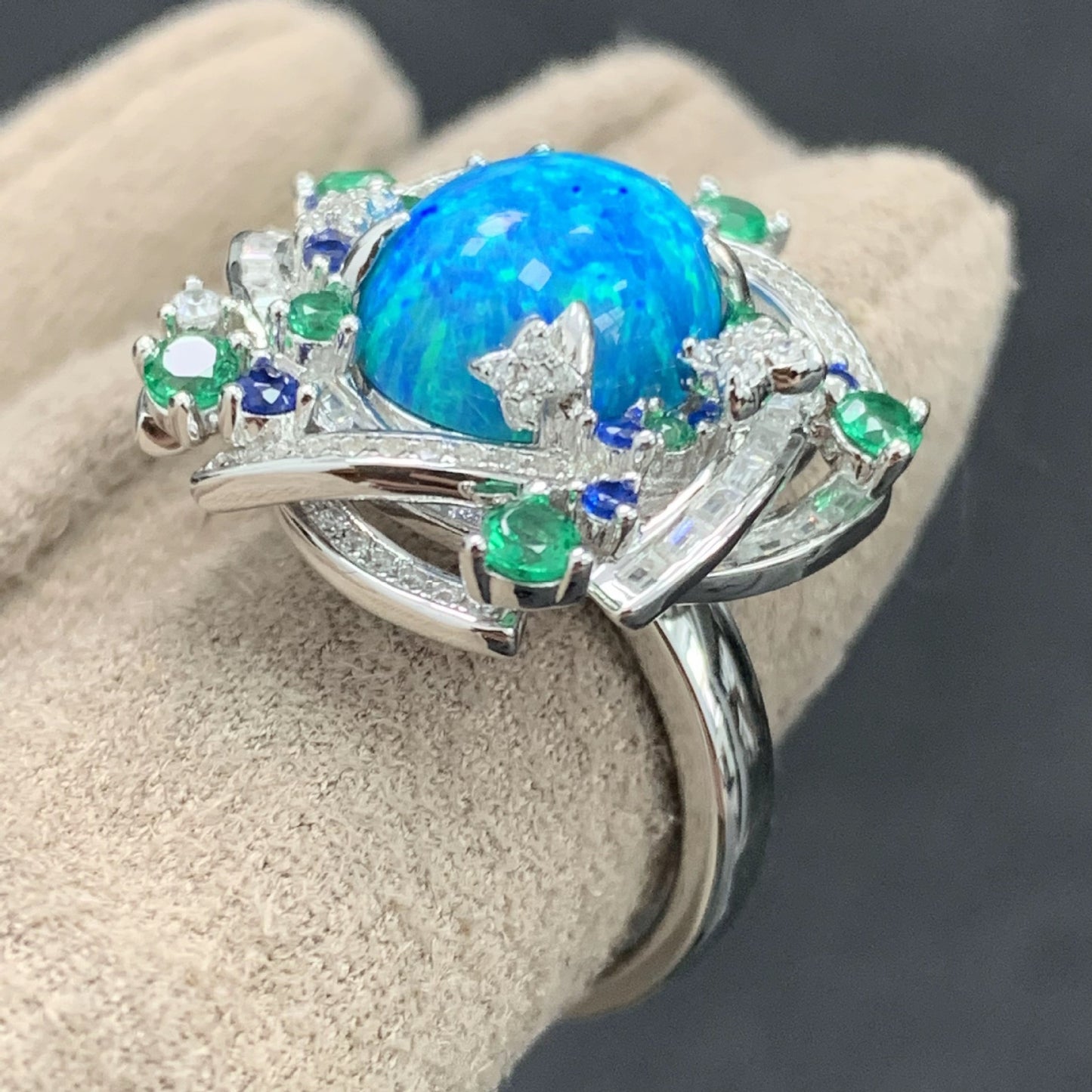 Floral Star Galaxy Opal Ring High Carbon Diamonds