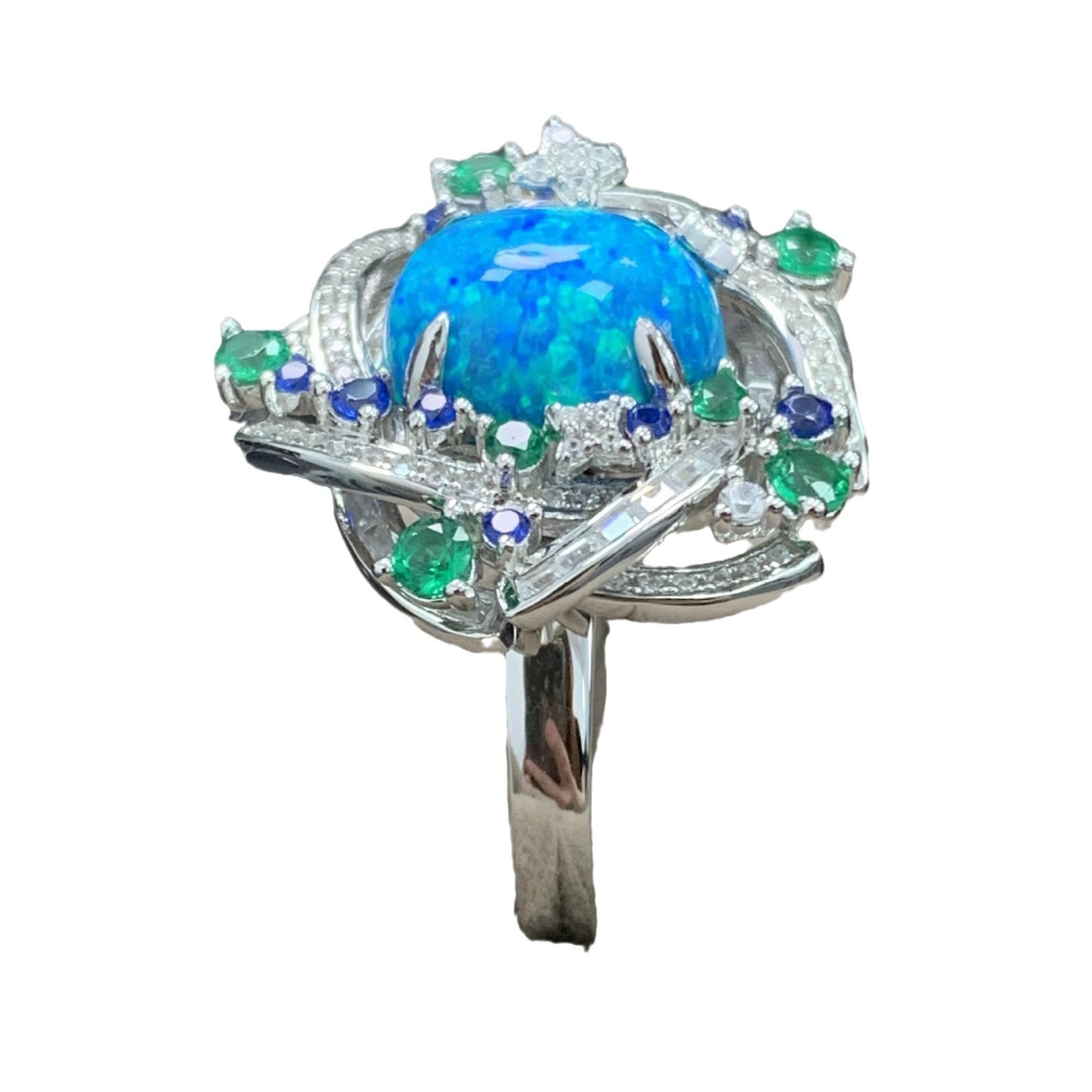 Floral Star Galaxy Opal Ring High Carbon Diamonds