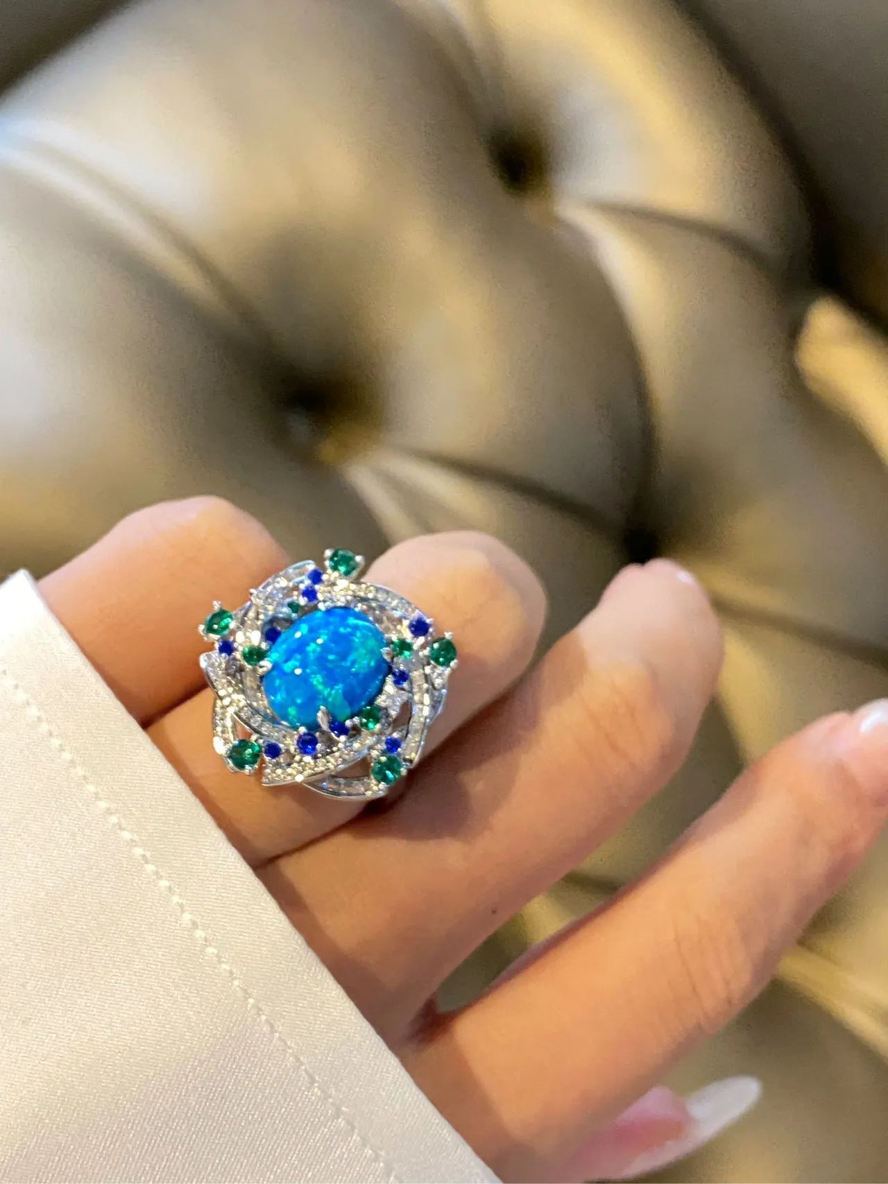 Floral Star Galaxy Opal Ring High Carbon Diamonds