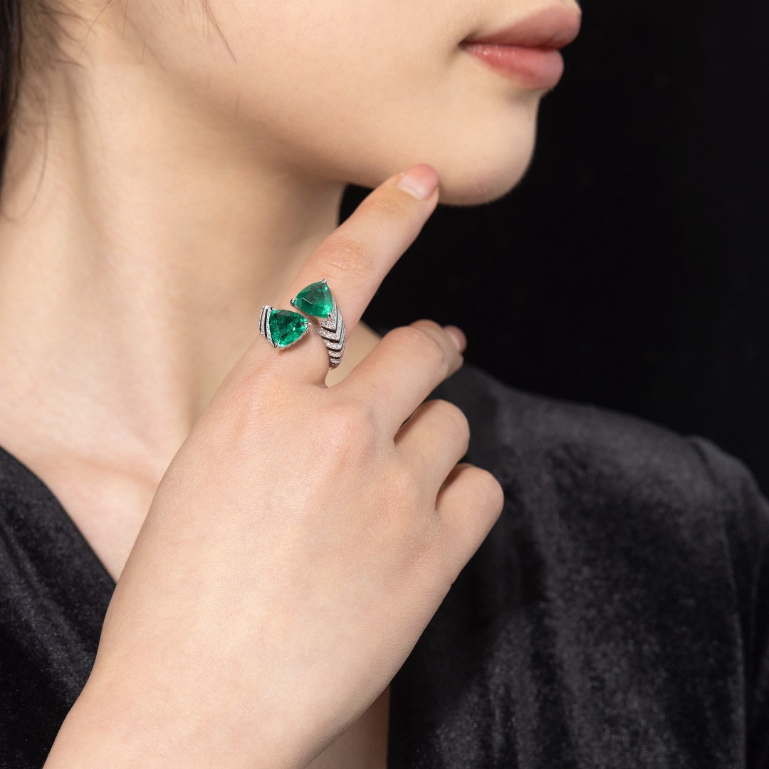 Emerald Open End Ring High Carbon Diamond Muzo Green Ring