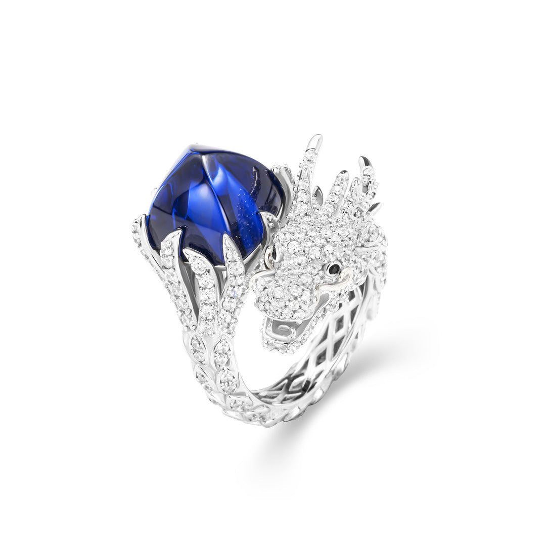 Sugar Tower Sapphire Dragon Ring High Carbon Diamond Royal Blue
