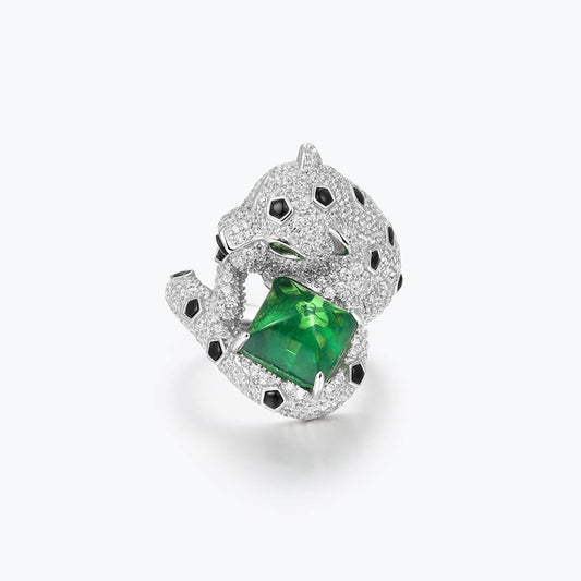 Emerald Agate Full Diamond Leopard Woodwork Green Ring