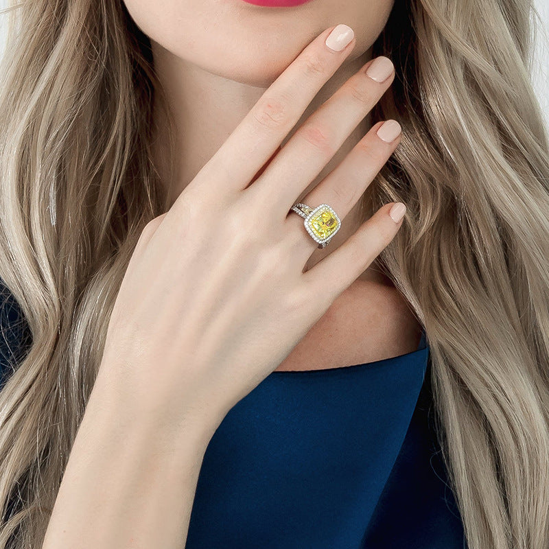 High Carbon Diamond Ice Flower Cut Brilliant Color Yellow Ring Springer Yellow Luxury Ring