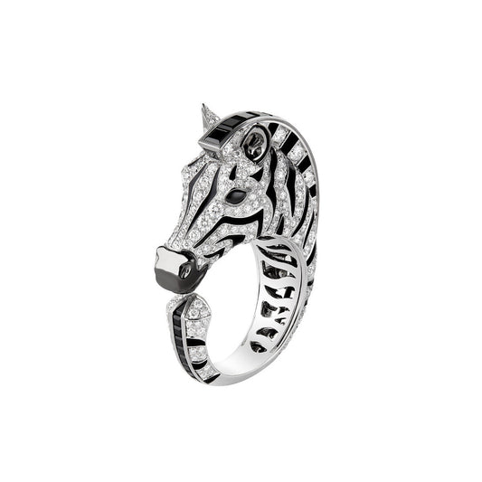 Zebra Animal Ring High Carbon Diamonds Enameled Gems