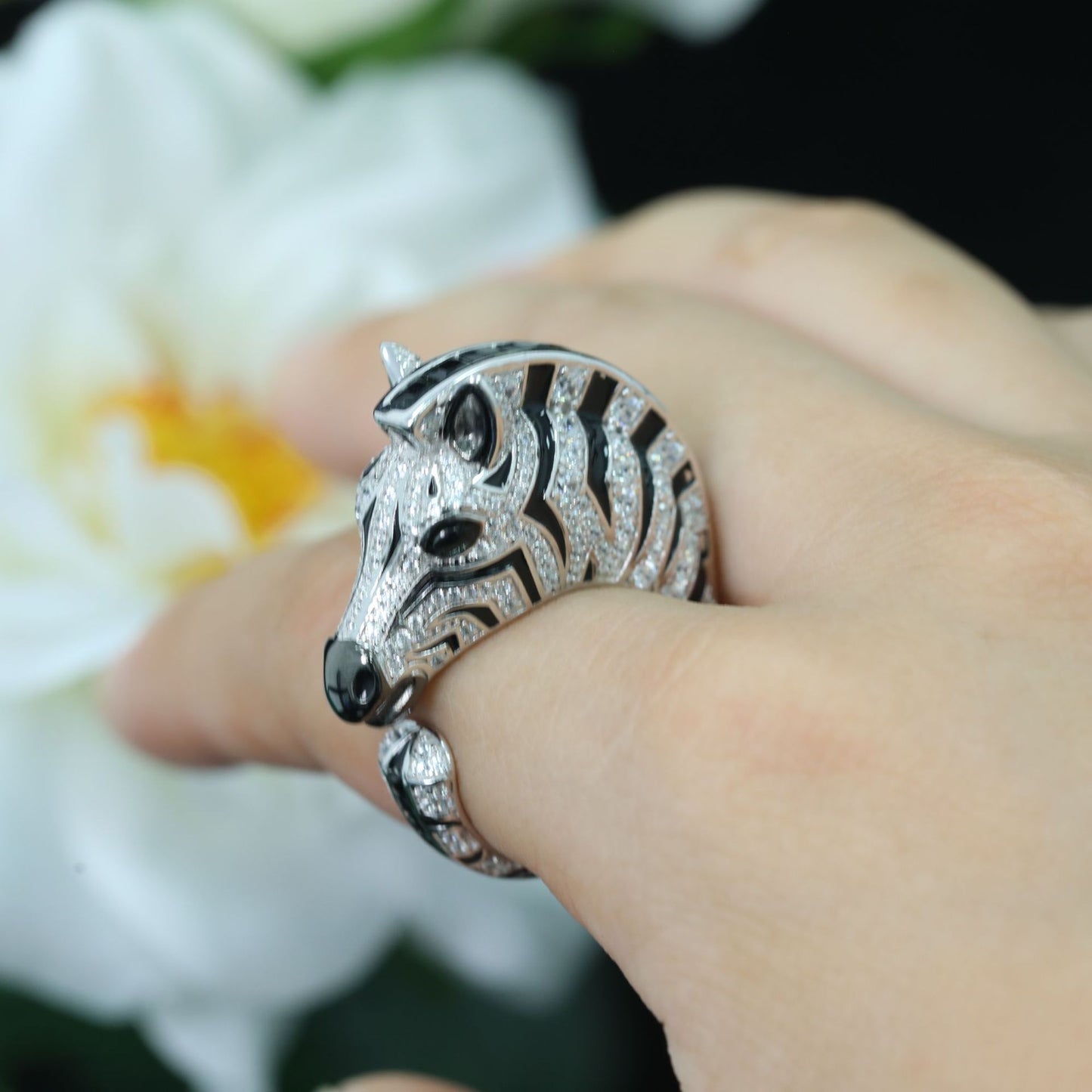 Zebra Animal Ring High Carbon Diamonds Enameled Gems