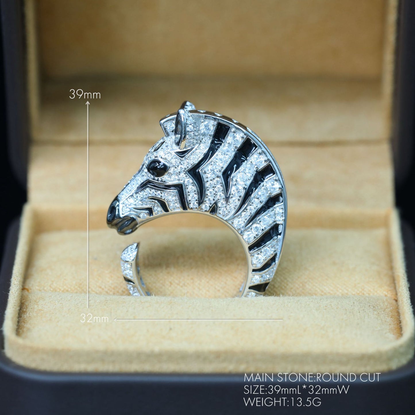 Zebra Animal Ring High Carbon Diamonds Enameled Gems