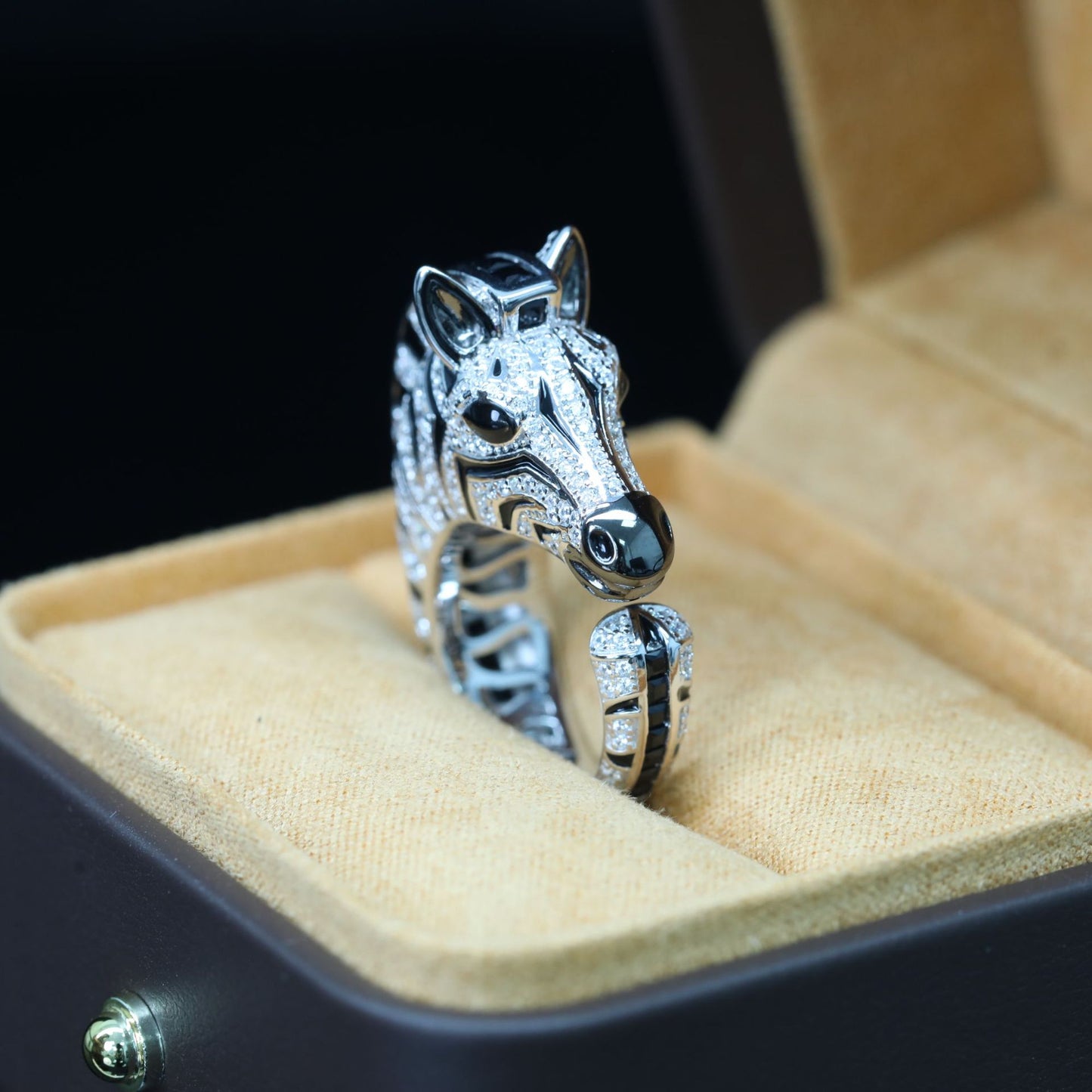 Zebra Animal Ring High Carbon Diamonds Enameled Gems