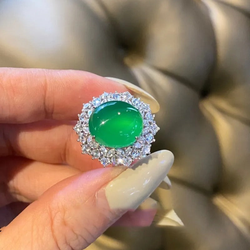 Chalcedony Flower Ring High Carbon Diamond Chalcedony