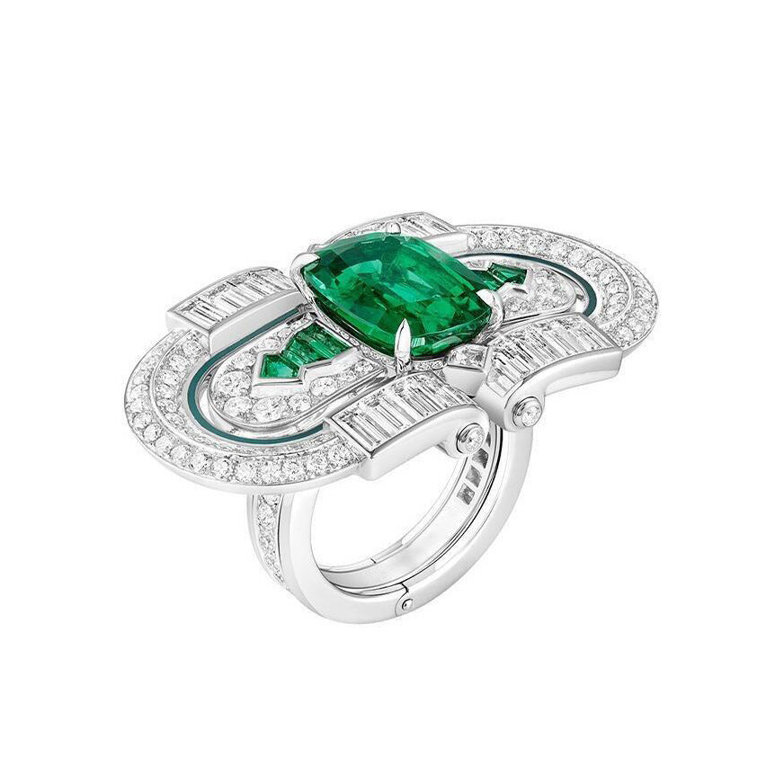 T-Square Emerald Ring High Carbon Diamond Muzo Green