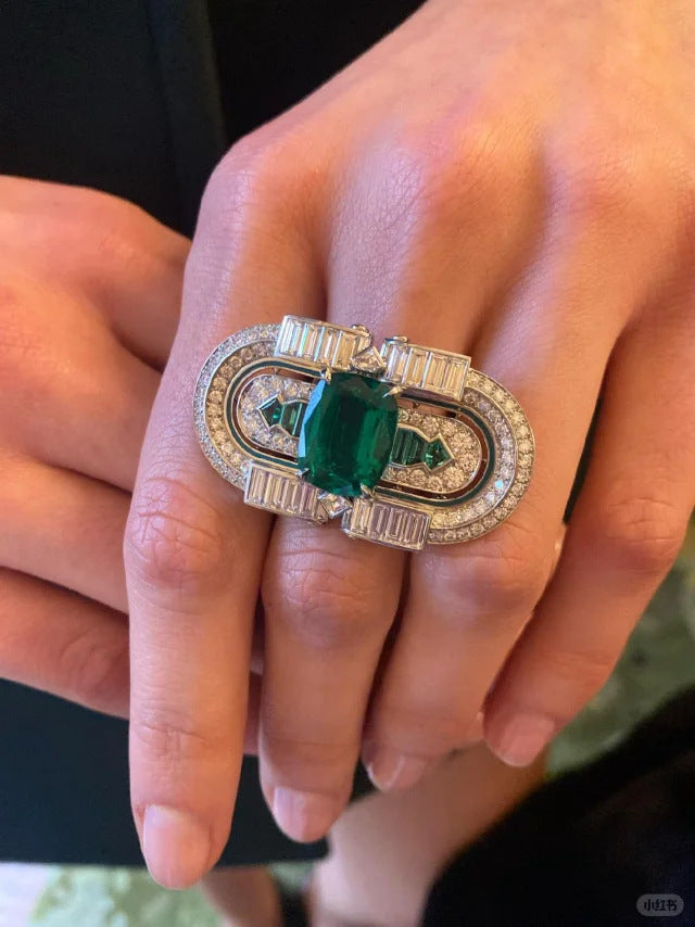 T-Square Emerald Ring High Carbon Diamond Muzo Green