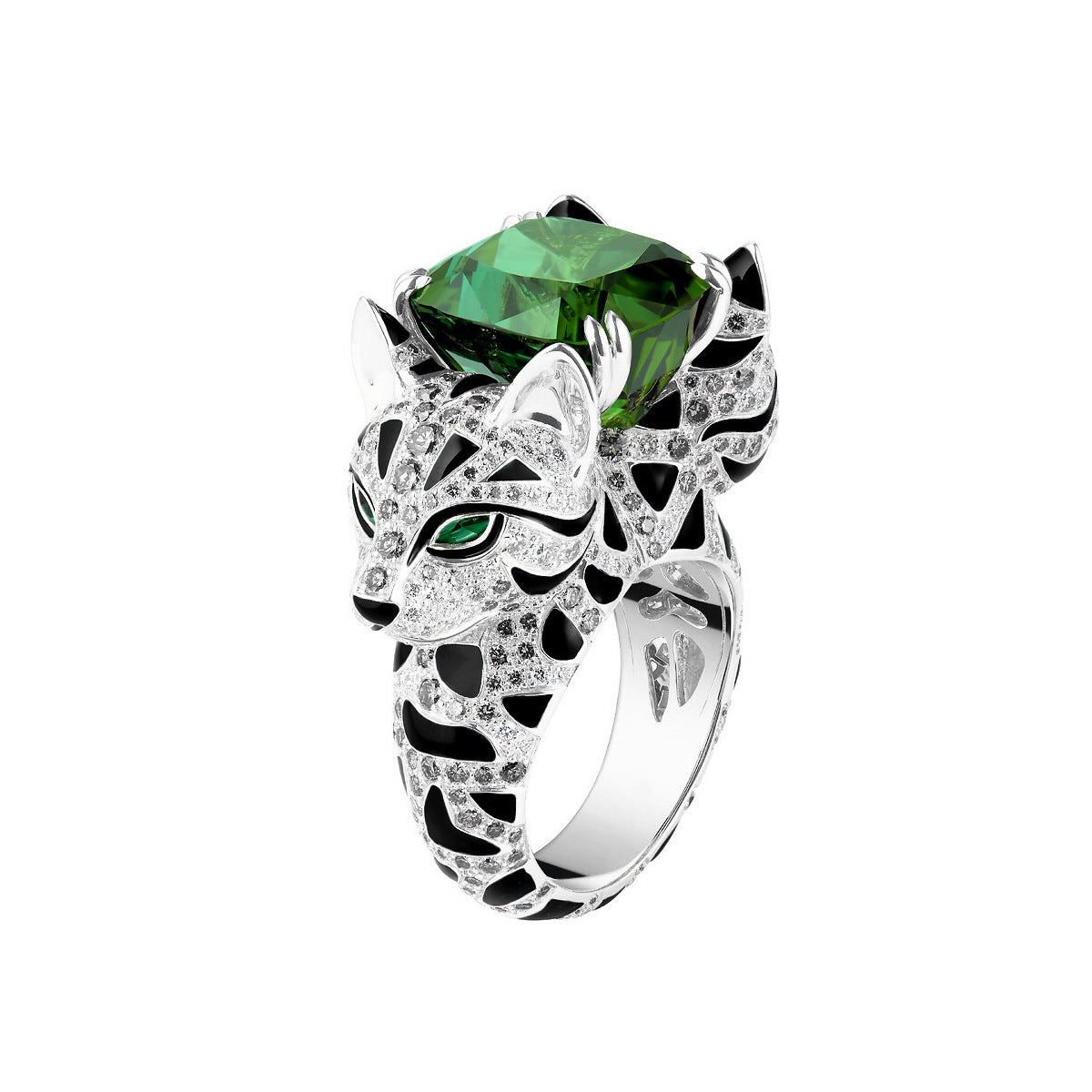 Two Headed Leopard Ring High Carbon Diamond Green Tourmaline
