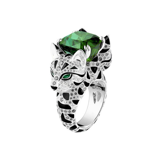 Two Headed Leopard Ring High Carbon Diamond Green Tourmaline