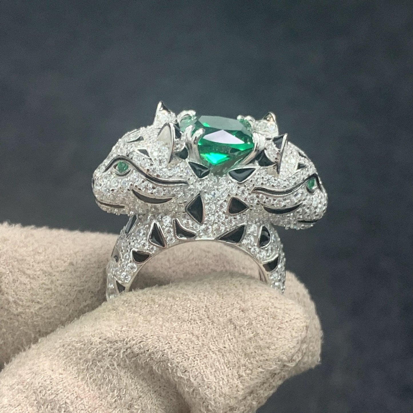 Two Headed Leopard Ring High Carbon Diamond Green Tourmaline