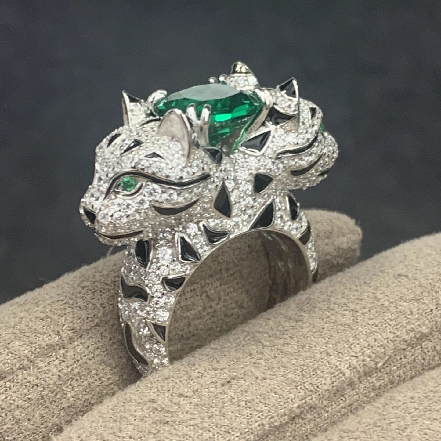 Two Headed Leopard Ring High Carbon Diamond Green Tourmaline