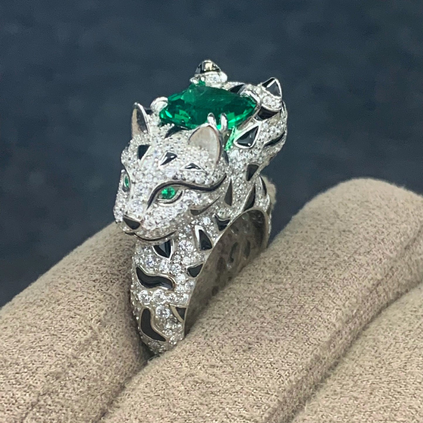 Two Headed Leopard Ring High Carbon Diamond Green Tourmaline