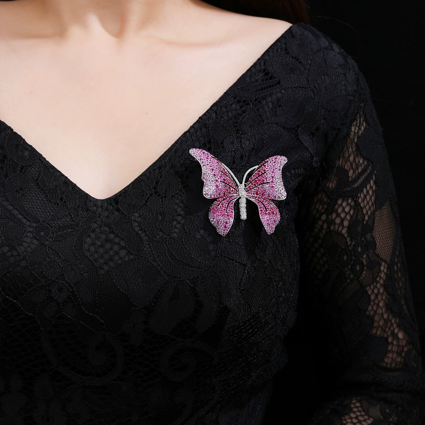 Rose Butterfly Diamond Brooch Necklace Pendant Dual Purpose Corsage