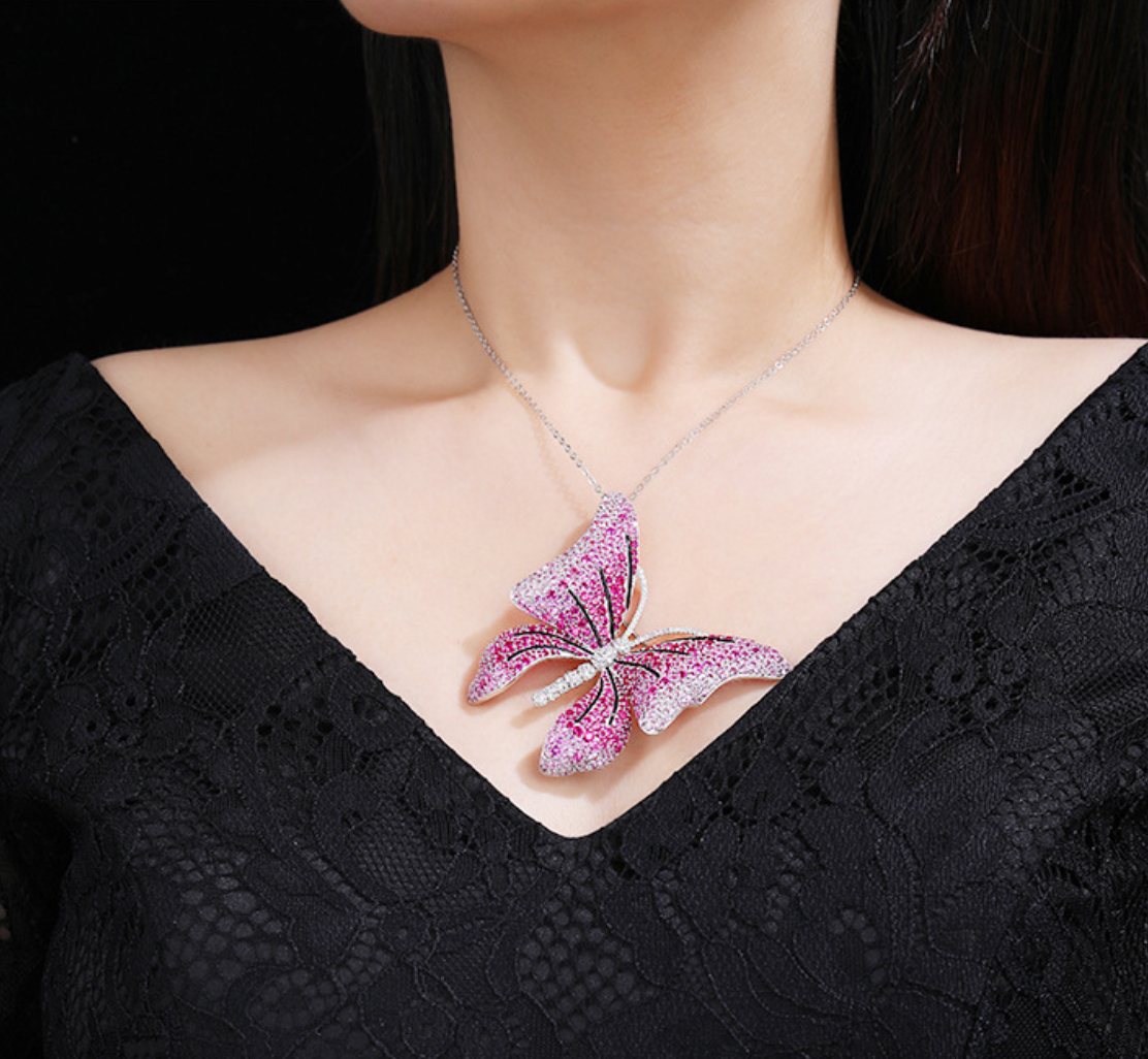 Rose Butterfly Diamond Brooch Necklace Pendant Dual Purpose Corsage